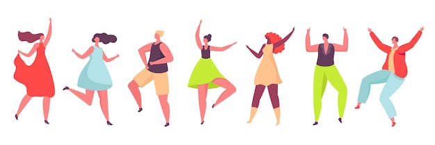 Dansende karakters, jongeren dansen op feest of club. vrienden die plezier hebben en samen vieren, mannen en vrouwen dansers vector set. jongens en meisjes die hun vrije tijd met vreugde doorbrengen