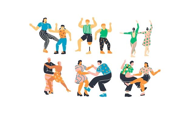 Dansende mensen platte vector illustratie set Mannelijke en vrouwelijke stripfiguren