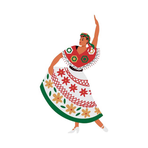 Dansende mexicaanse vrouw in latijns-amerikaanse outfit platte vectorillustratie