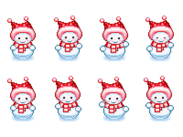 Dansende sneeuwpop sprite-blad in Pixel-Art-stijl. illustratie geïsoleerd op een witte achtergrond.
