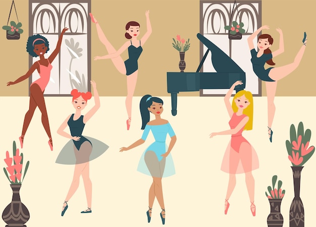 Danser ballerina's, school moderne klassieke dans cartoon afbeelding.