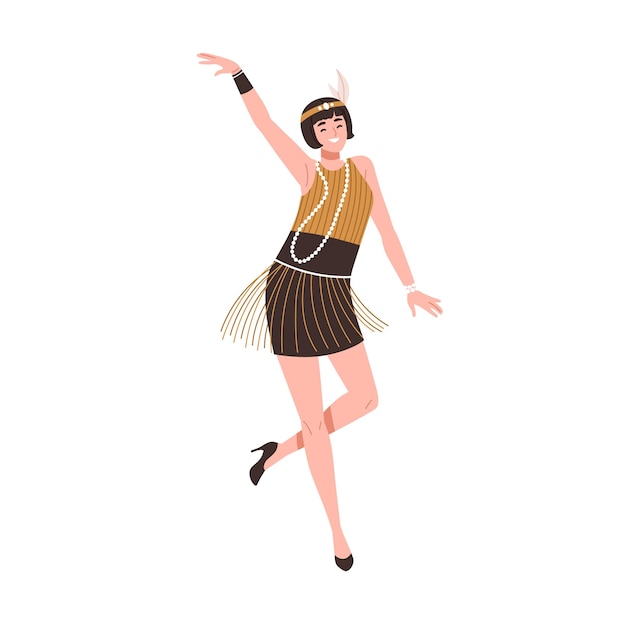 Danseres van het Broadway-feest uit de jaren 20. Vrolijke vrouw die danst op muziek in retro-stijl jurk met franjes uit de jaren 20. Jongedame van in de twintig New York. Platte vectorillustratie geïsoleerd op een witte achtergrond.