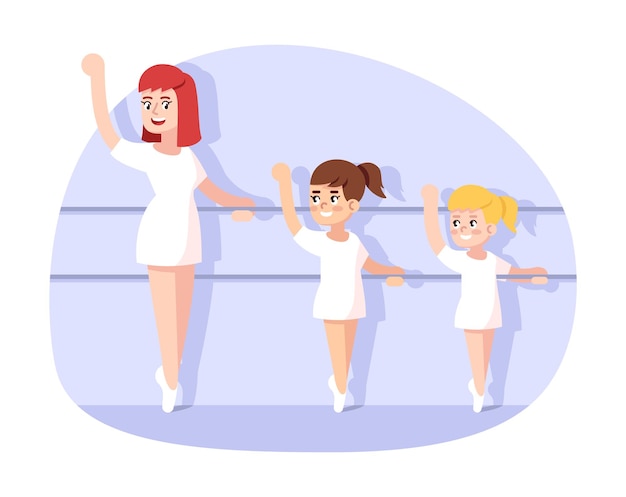 Danslessen voor kinderen platte vectorillustratie. choreografie voor kinderen. jonge ballerina's. buitenschoolse activiteiten. kleine meisjes die klassiek ballet leren met stripfiguren van leraren