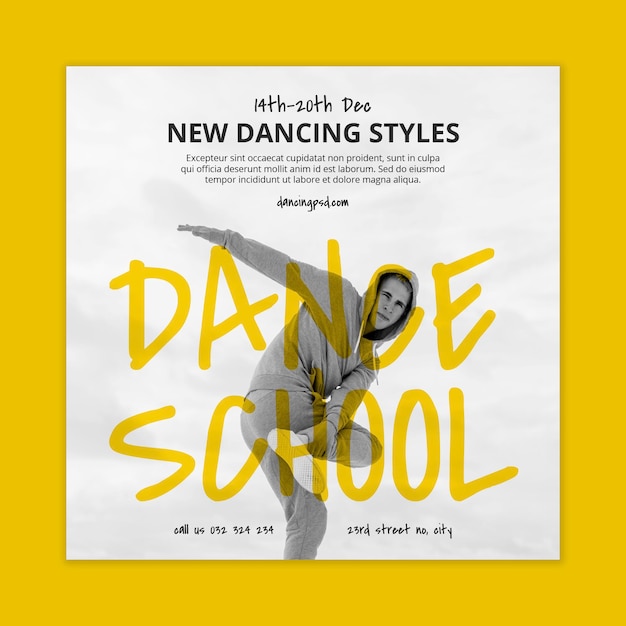 Dansschool vierkante folder sjabloon met mannelijke danser