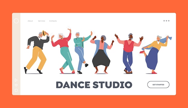 Vector dansstudio bestemmingspaginasjabloon oude mannen en vrouwen dansen bejaarde gepensioneerden in modieuze kleding ontspannen