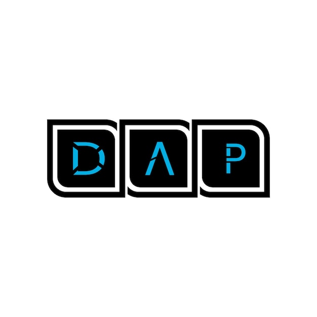 Черно-белый логотип DAP с голубой буквой на нем
