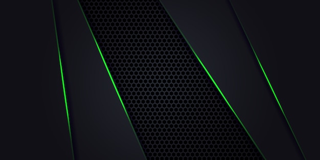 Dark abstract background with hexagon carbon fiber. technology background with green luminous lines.
