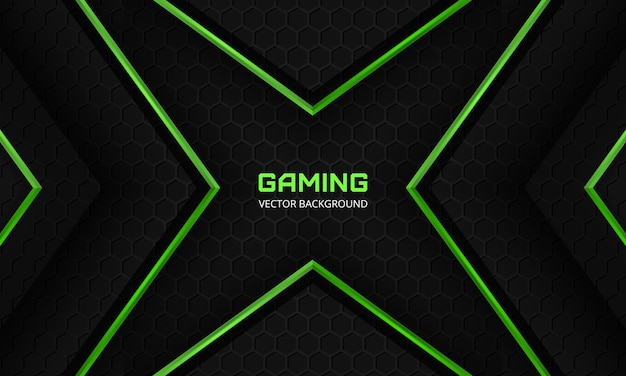 Dark abstract gaming background with hexagon carbon fiber grid and green abstract arrows