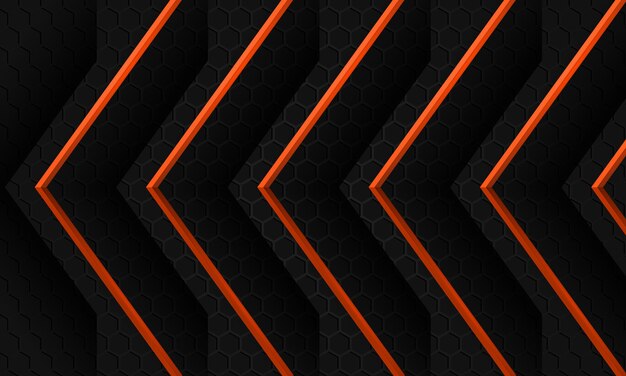 Dark abstract hexagon background with orange arrows on a gray hexagonal grid
