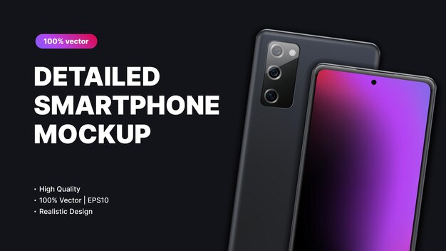 新しいスマートフォンモデル、Uiデザインまたはアプリの暗い広告バナー。紫色のグラデーションスクリーンを備えたリアルなデバイス。ランディングページのモックアップ。ベクトルイラスト