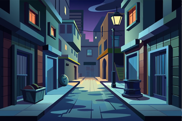 Vector a dark alley with customizable buildings glowing windows and street elements creates a mysterious nighttime atmosphere