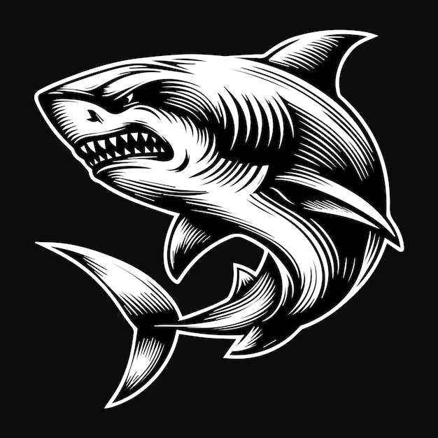 Vector dark art angry beast aggressive shark black and white illustration