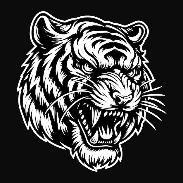 Vector dark art angry beast tiger head black and white illustration