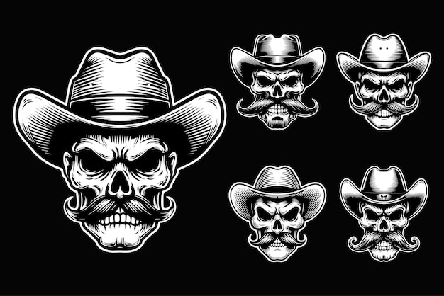 Vector dark art angry cowboy skull head with hat black and white illustration