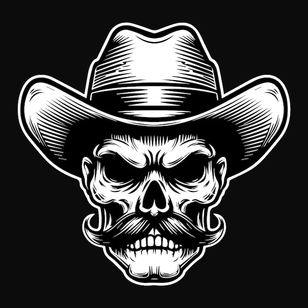 Dark art angry cowboy skull head with hat black and white illustration