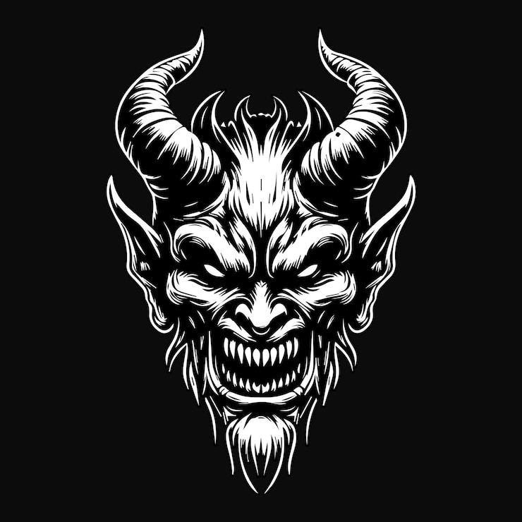 Vector dark art angry demon head black and white illustration