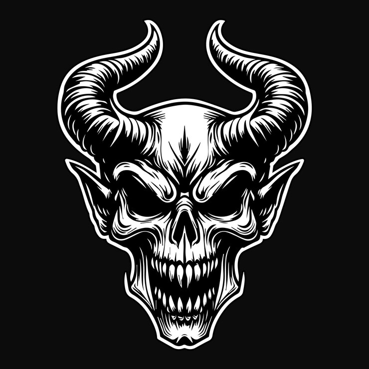 Vector dark art angry demon skull head with horn black and white illustration
