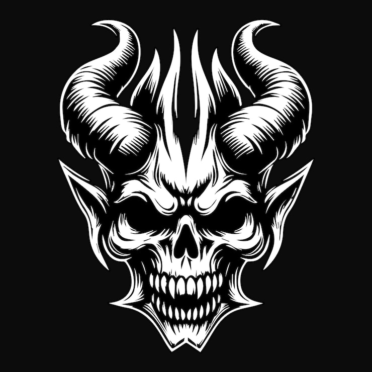 Vector dark art angry demon skull head with horn black and white illustration