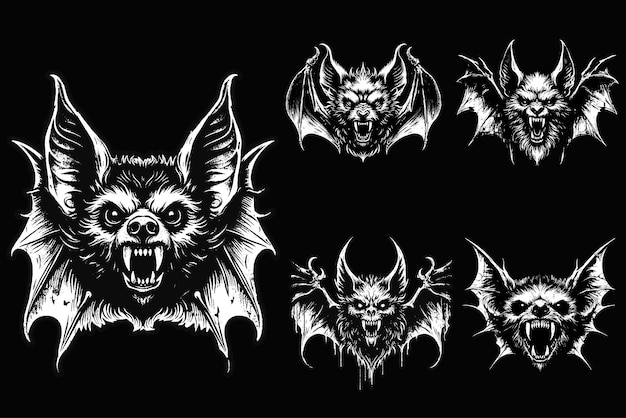 Dark Art Bat Beast Horror Set Helloween Skull Grunge Vintage stijl Zwart wit