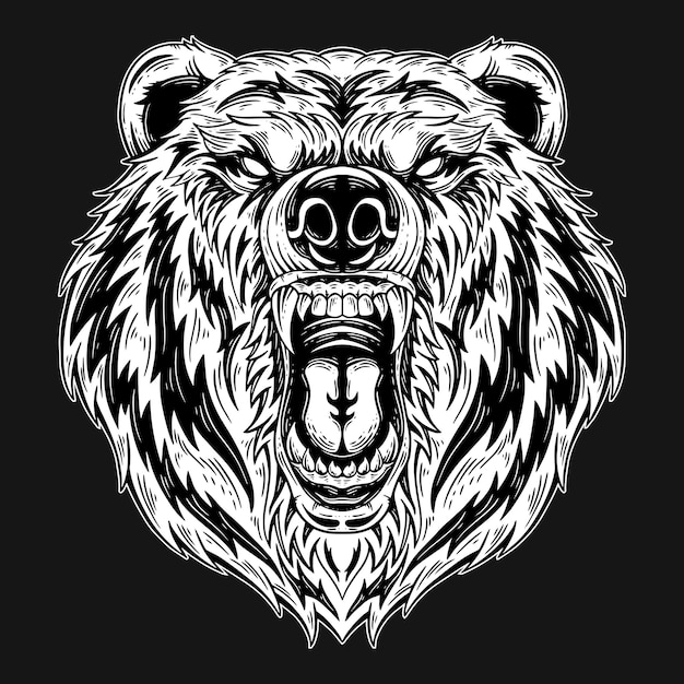 Dark Art Bear Head Beast Hand Drawn Hatching Style