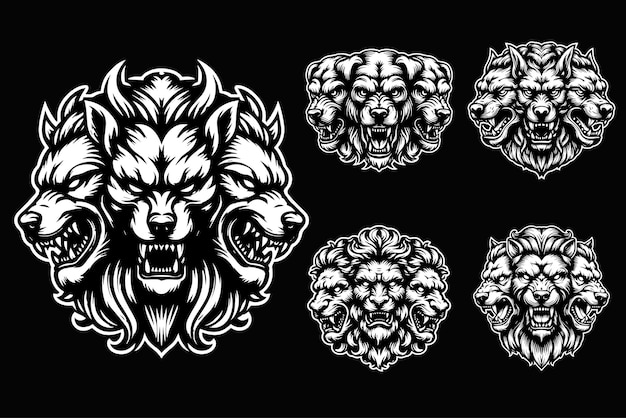 Vector dark art cerberus dog head black and white illustration