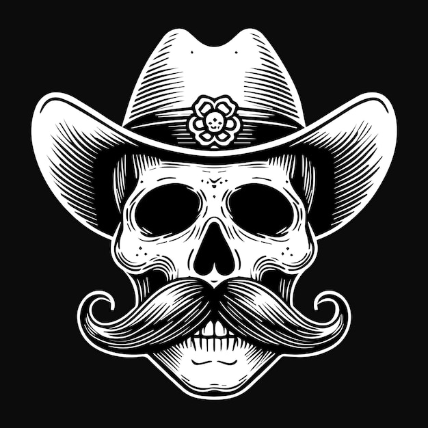 Vector dark art cowboy skull head with hat black and white illustration