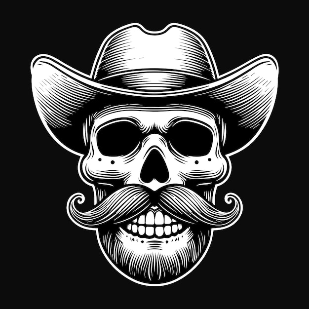 Vector dark art cowboy skull head with hat black and white illustration