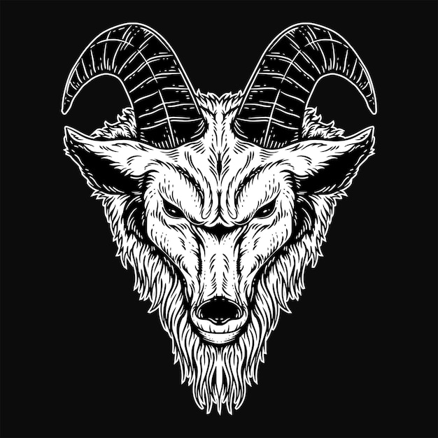 Dark Art Goat Head horns Sheep satanic black white for tattoo and clothing illustration