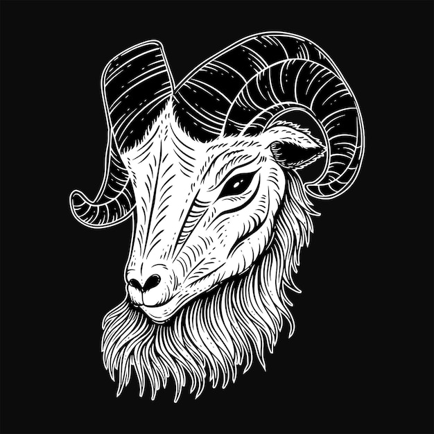 Dark Art Goat Head horns Sheep satanic black white for tattoo and clothing illustration