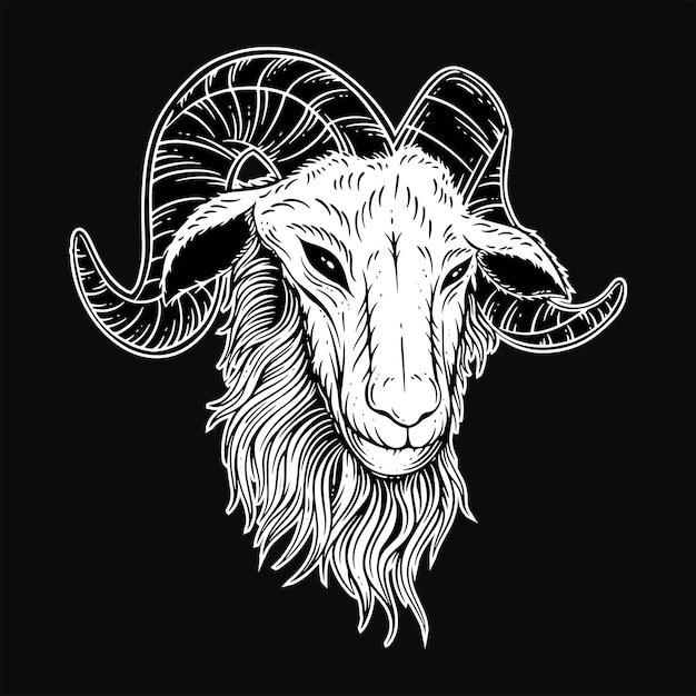 Dark Art Goat Head horns Sheep satanic black white for tattoo and clothing illustration