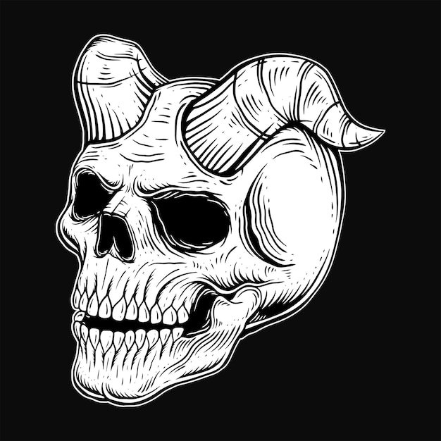 Dark Art Gothic Skull Demon Horn Vintage Tattoo bones in hand drawing style