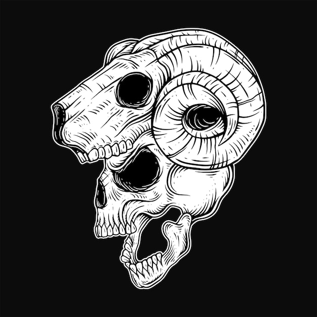 Dark Art Gothic Skull Demon Horn Vintage Tattoo botten in handtekenstijl