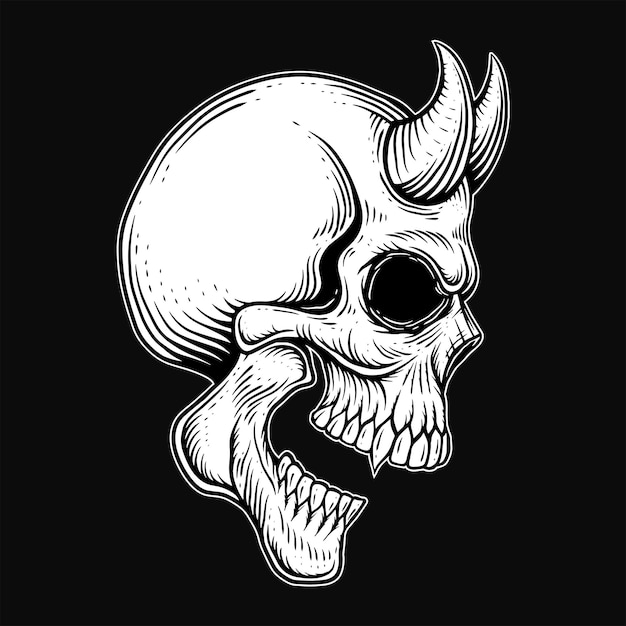 Dark Art human skull Demon Horn Vintage Tattoo bones in hand drawing style