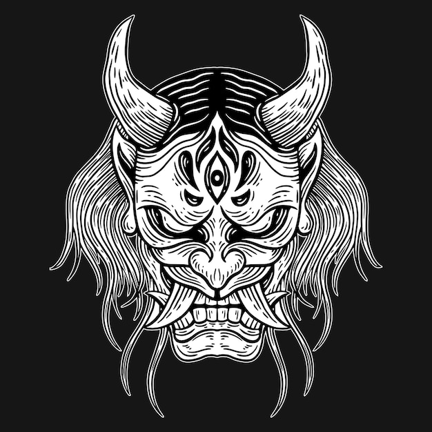 Vector dark art japanese devil mask long hair skull hand drawn hatching style