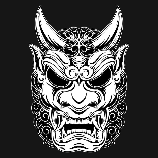 Vector dark art japanese devil oni mask tattoo hand drawn hatching style