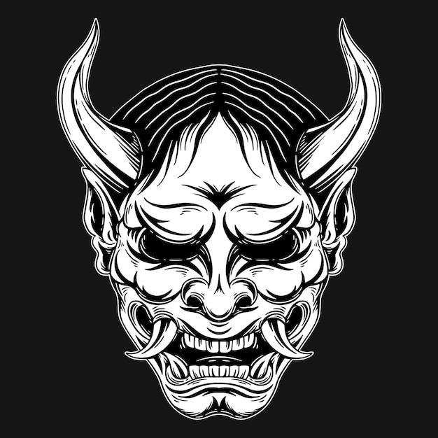 Dark art japanese devil oni mask tattoo handgetekende arceringstijl