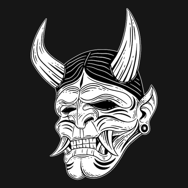 Dark Art Japanese Devil Oni Mask Tattoo Handgetekende gravurestijl