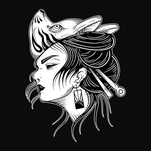 Темное искусство японская девушка роза гейша женщина череп маска татуировка традиционная иллюстрация
