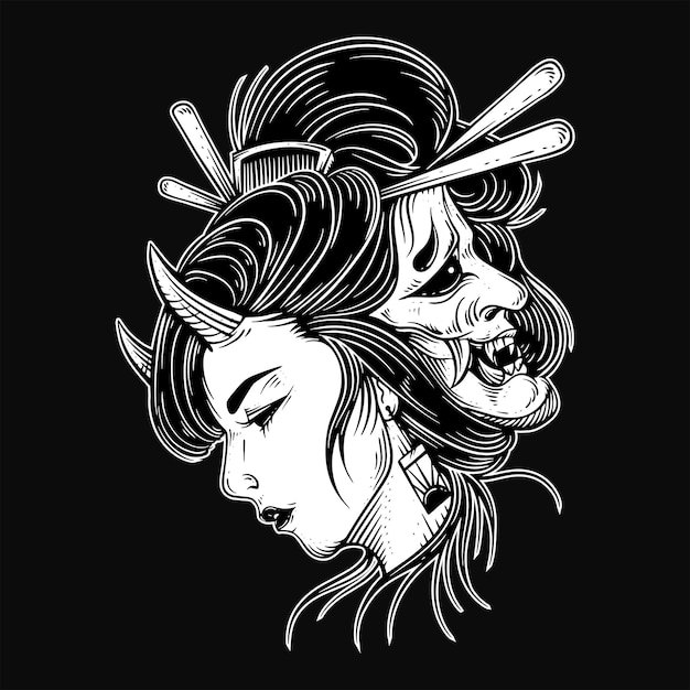 Premium Vector | Dark art japanese girl rose geisha woman skull mask ...