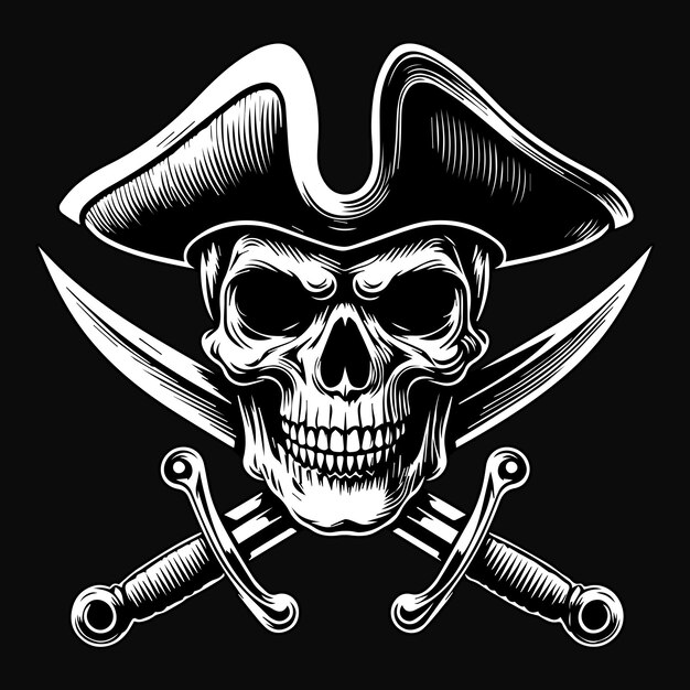 Dark Art Pirates Skull Head with Double Sword Black and White Illustration