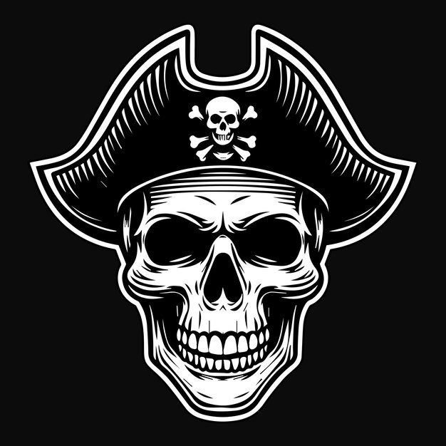 Vettore arte pirati testa di teschio con cappello pirati illustrazione in bianco e nero