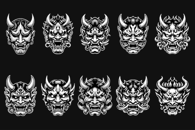 Dark Art Scary Japanese Hannya Mask Black and White Illustration