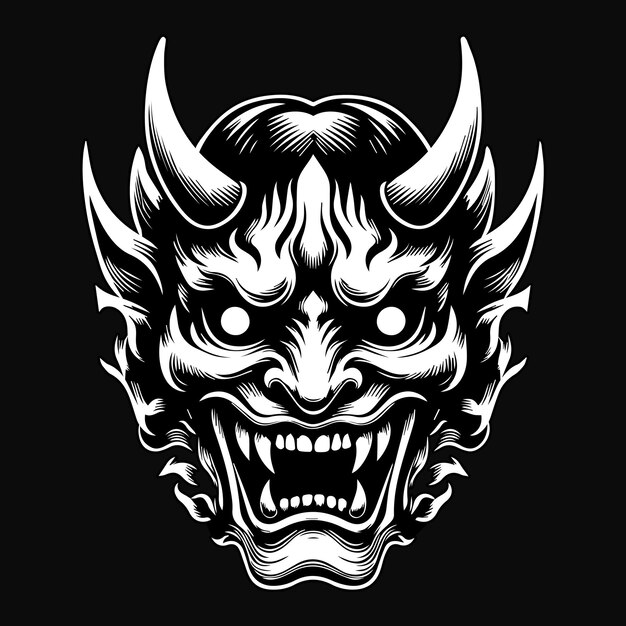 Dark Art Scary Japanese Hannya Mask Black and White Illustration