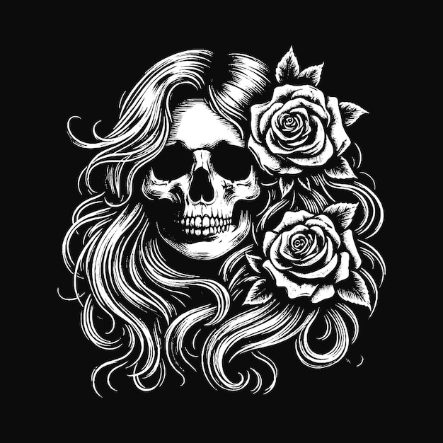 Vector dark art skull girl with long hair rose woman grunge vintage tattoo illustration black white