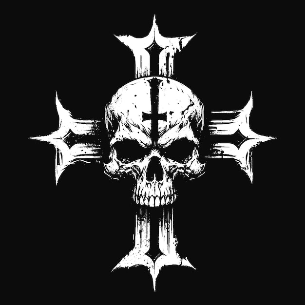 Vector dark art skull head with cross sign bone tattoo grunge vintage horror illustration black white