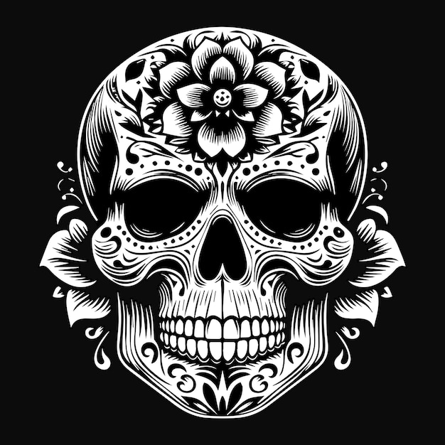 Vector dark art skull head with flower black and white illustration