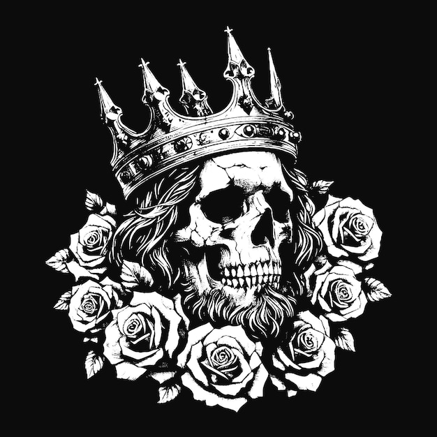 Vector dark art skull king crown throne with roses vintage grunge tattoo illustration black white