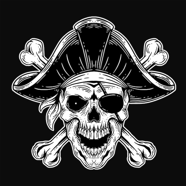 Vector dark art skull piraten kapitein skeleton vintage illustratie voor kleding kleding