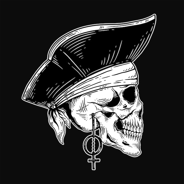 Dark Art Skull pirates captain Skeleton Vintage illustration for clothing apparel