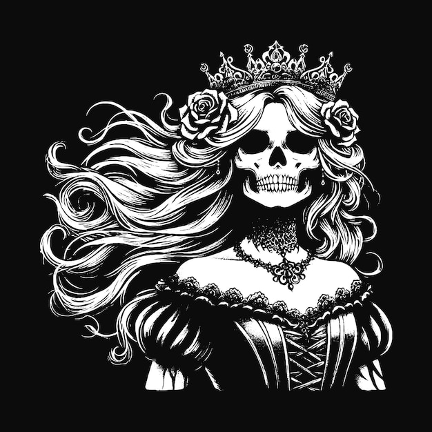 Vettore art dark skull queens girl lady con rose e corona orrore grunge illustrazione di tatuaggio vintage